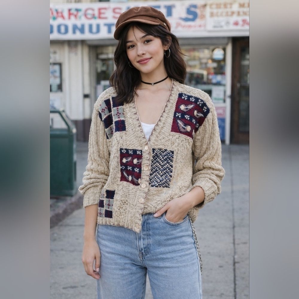 Vintage Talbots Patchwork Floral Knit Wool Blend Cardigan Sweater Size Small